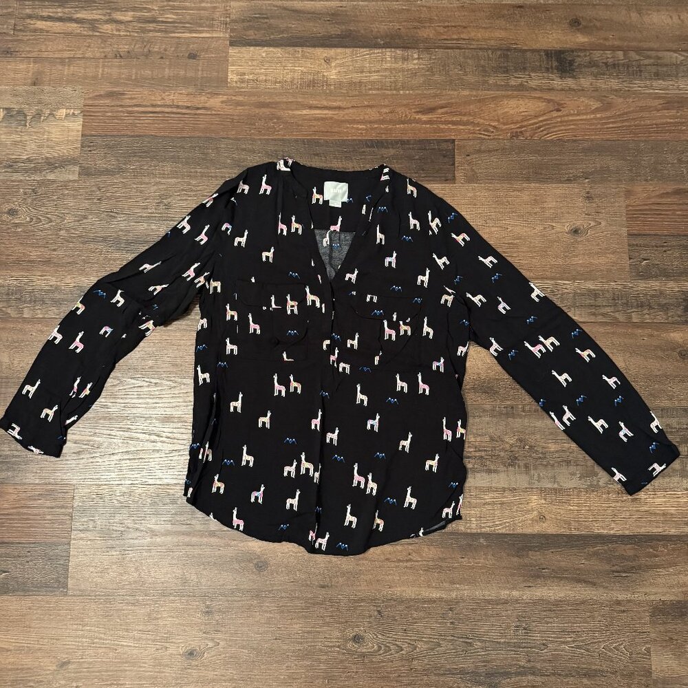 Maeve by Anthropologie Black Half-Button Lllama-Print Blouse 12